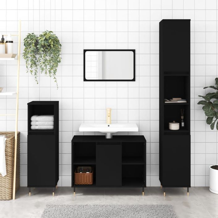 Armoire de salle de bain noir 30x30x100 cm bois d'ingénierie - Photo n°1