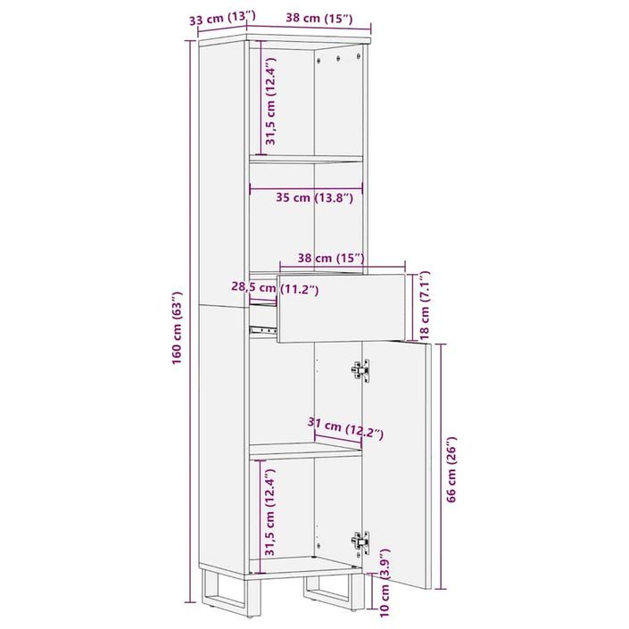 Armoire de salle de bain noir 38x33x160 cm bois massif manguier - Photo n°11