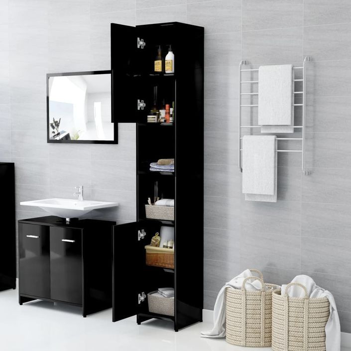 Armoire de salle de bain Noir brillant 30x30x183,5 cm 2 - Photo n°3