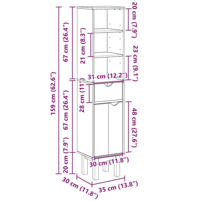 Armoire de salle de bain OTTA 35x30x159 cm bois massif de pin - Photo n°8