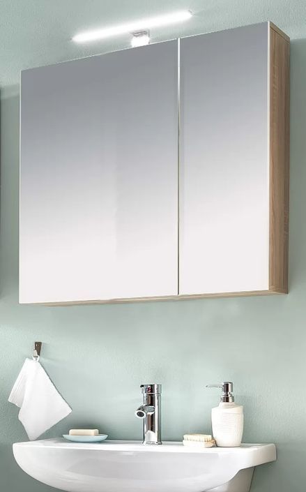 Armoire de toilette 2 portes mélaminé blanc et chêne clair avec miroir Payne - Photo n°4