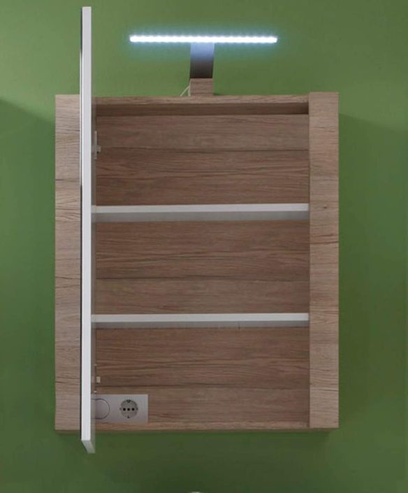 Armoire de toilette à LED 1 porte blanc et chêne clair avec miroir Masie - Photo n°3