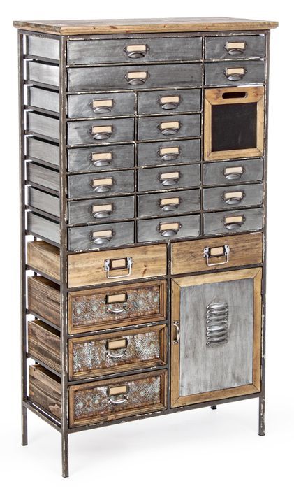 Armoire industriel 25 tiroirs 1 porte acier argent et bois de pin Vitrak 76.5 cm - Photo n°2