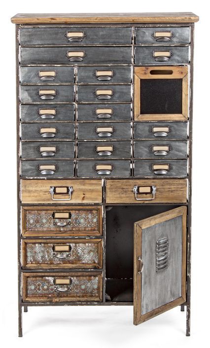 Armoire industriel 25 tiroirs 1 porte acier argent et bois de pin Vitrak 76.5 cm - Photo n°8