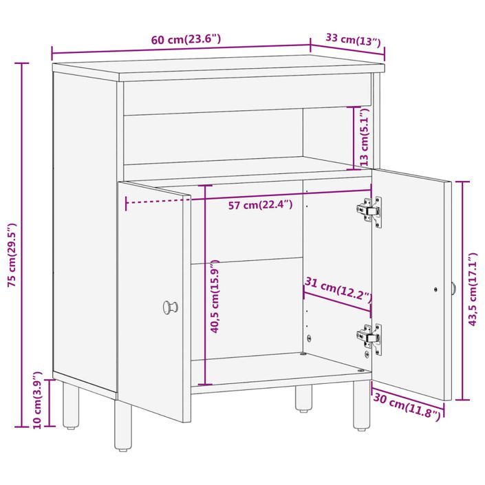 Armoire latérale 60x33x75 cm bois massif de manguier - Photo n°10