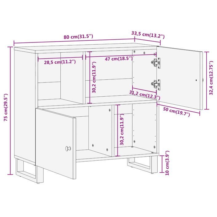 Armoire latérale marron et noir 80x33,5x75 cm bois de manguier - Photo n°12