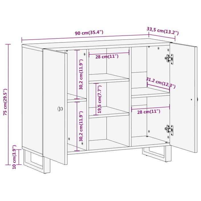 Armoire latérale marron et noir 90x33,5x75 cm bois de manguier - Photo n°11