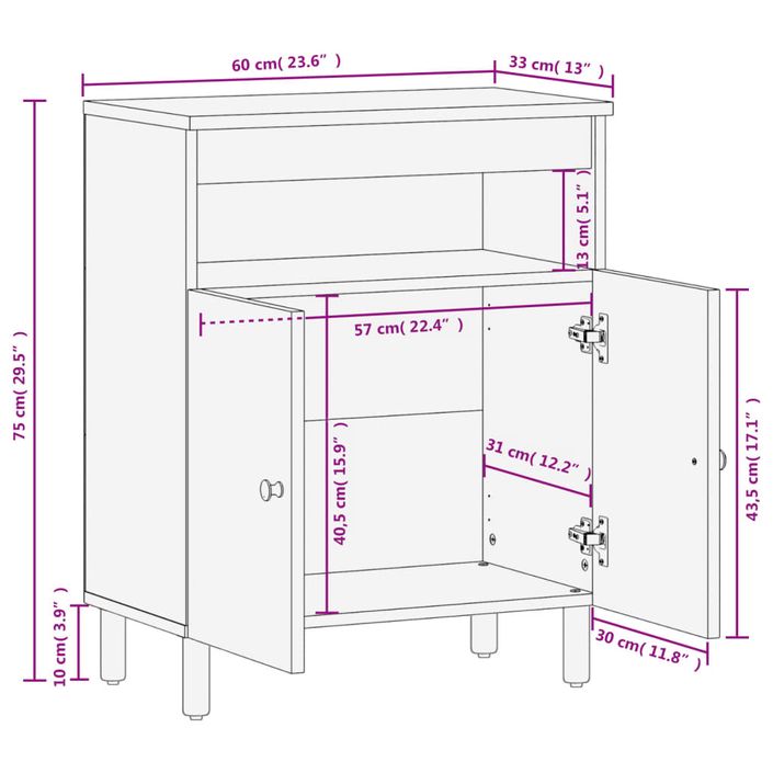 Armoire latérale noir 60x33x75 cm bois massif de manguier - Photo n°10