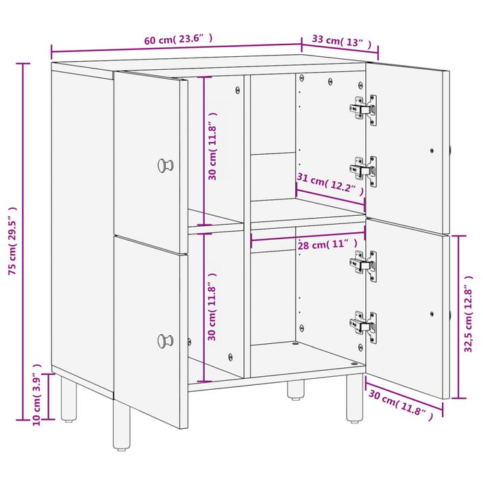 Armoire latérale noir 60x33x75 cm bois massif de manguier - Photo n°12