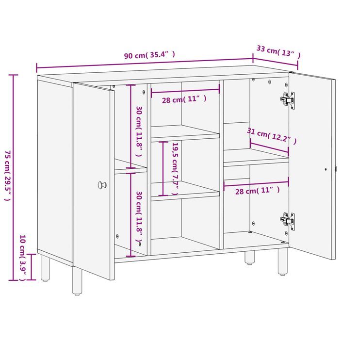 Armoire latérale noir 90x33x75 cm bois massif de manguier - Photo n°12