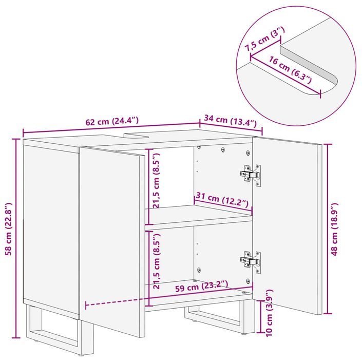 Armoire lavabo de bain 62x34x58 cm bois massif de manguier - Photo n°11