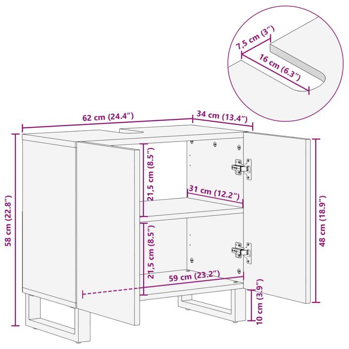 Armoire lavabo de salle de bain 62x34x58cm bois massif d'acacia - Photo n°11