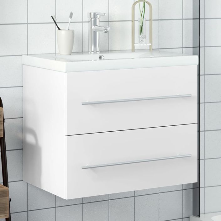 Armoire lavabo de salle de bain avec bassin intégré blanc - Photo n°2