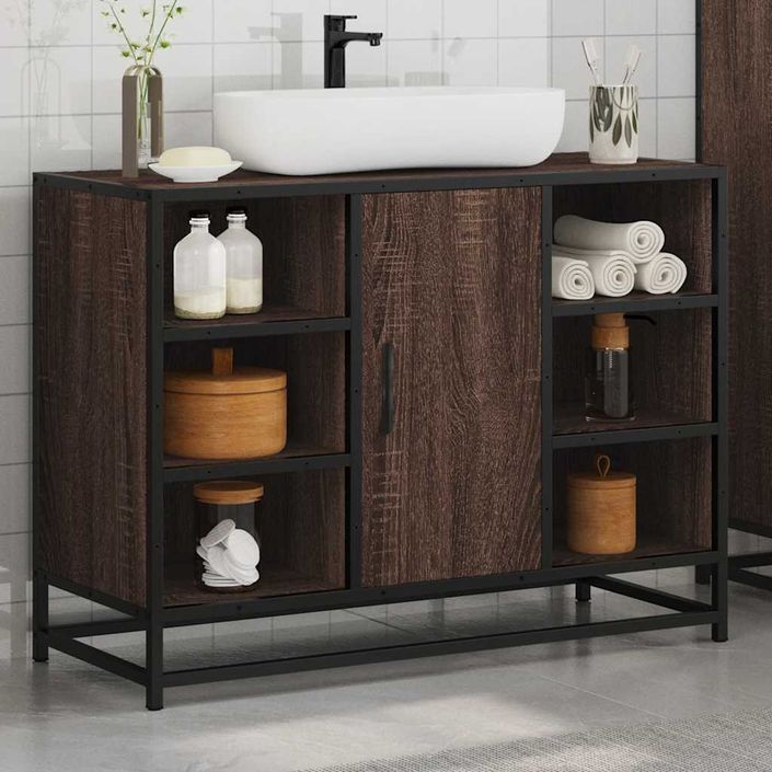 Armoire lavabo de salle de bain chêne marron bois d'ingénierie - Photo n°4