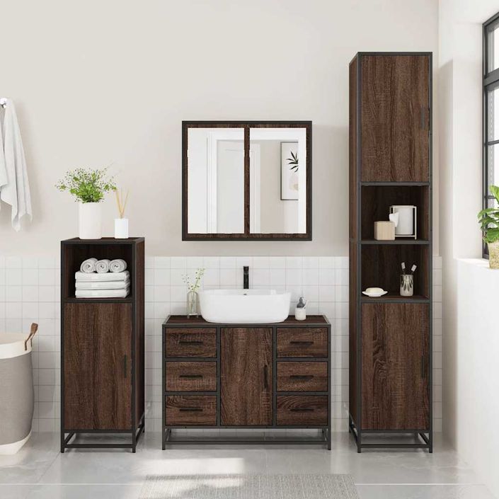 Armoire lavabo de salle de bain chêne marron bois d'ingénierie - Photo n°3