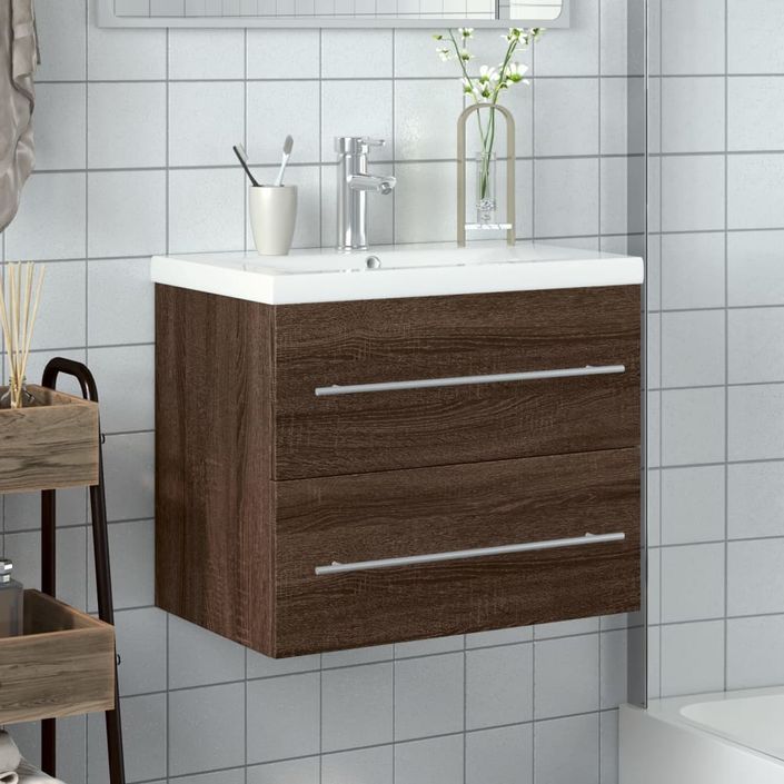 Armoire lavabo de salle de bain et bassin intégré chêne marron - Photo n°3