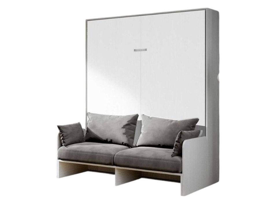 Armoire lit 160x200 cm escamotable verticale avec canapé frêne blanc et porte blanche Kanto - Photo n°1