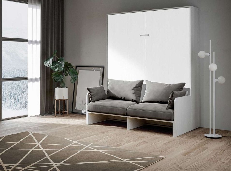 Armoire lit 160x200 cm escamotable verticale avec canapé frêne blanc et porte blanche Kanto - Photo n°1