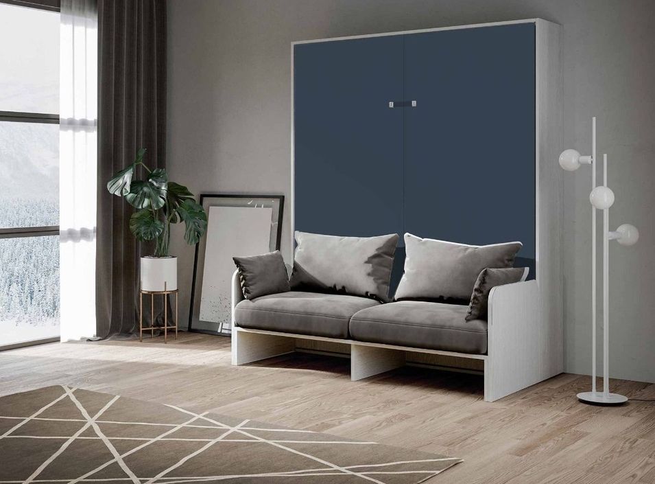 Armoire lit 160x200 cm escamotable verticale avec canapé frêne blanc et porte bleue Kanto - Photo n°1