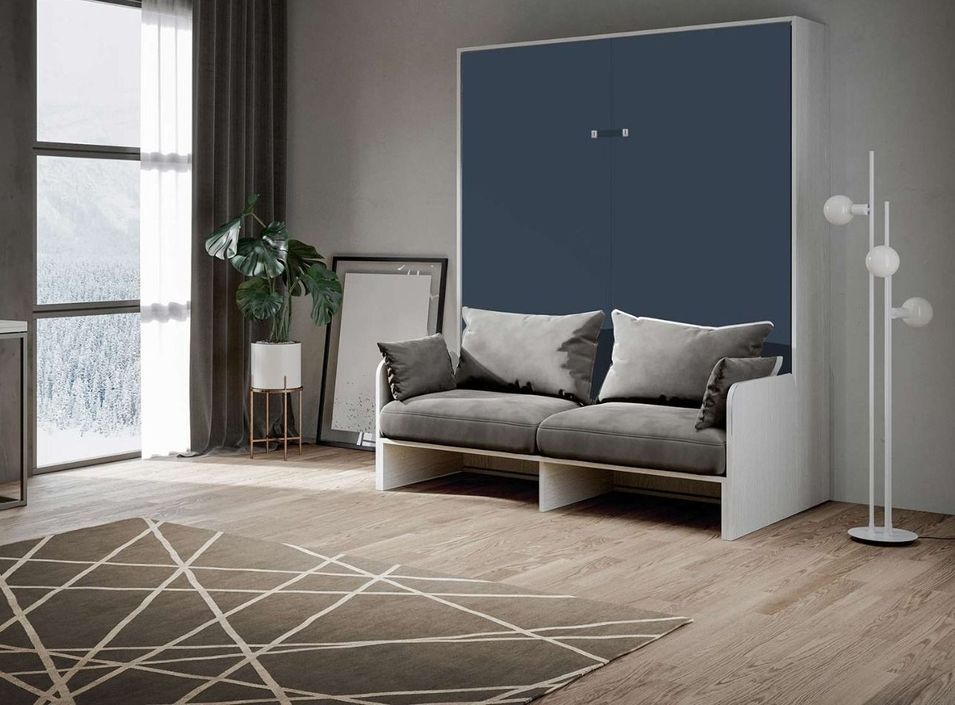 Armoire lit 160x200 cm escamotable verticale avec canapé frêne blanc et porte bleue Kanto - Photo n°2