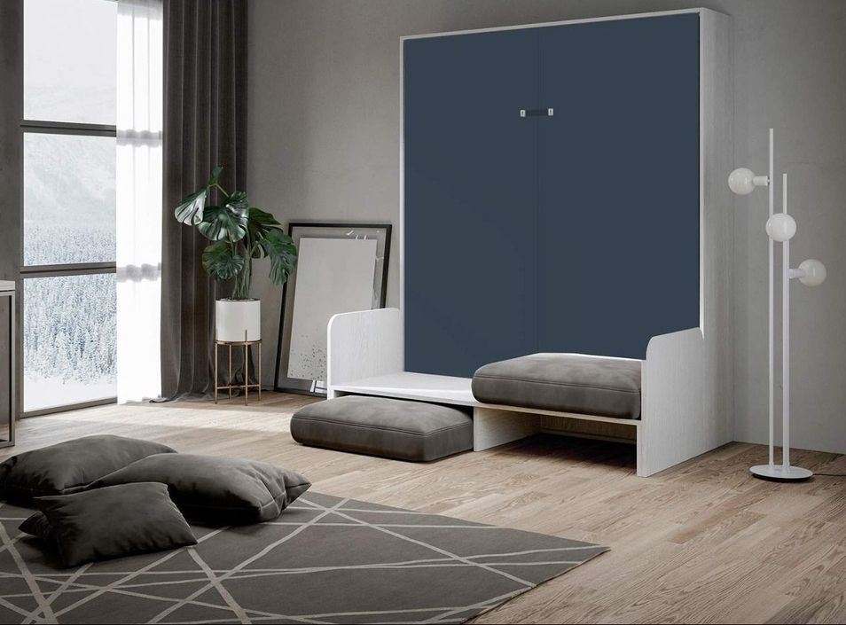 Armoire lit 160x200 cm escamotable verticale avec canapé frêne blanc et porte bleue Kanto - Photo n°3