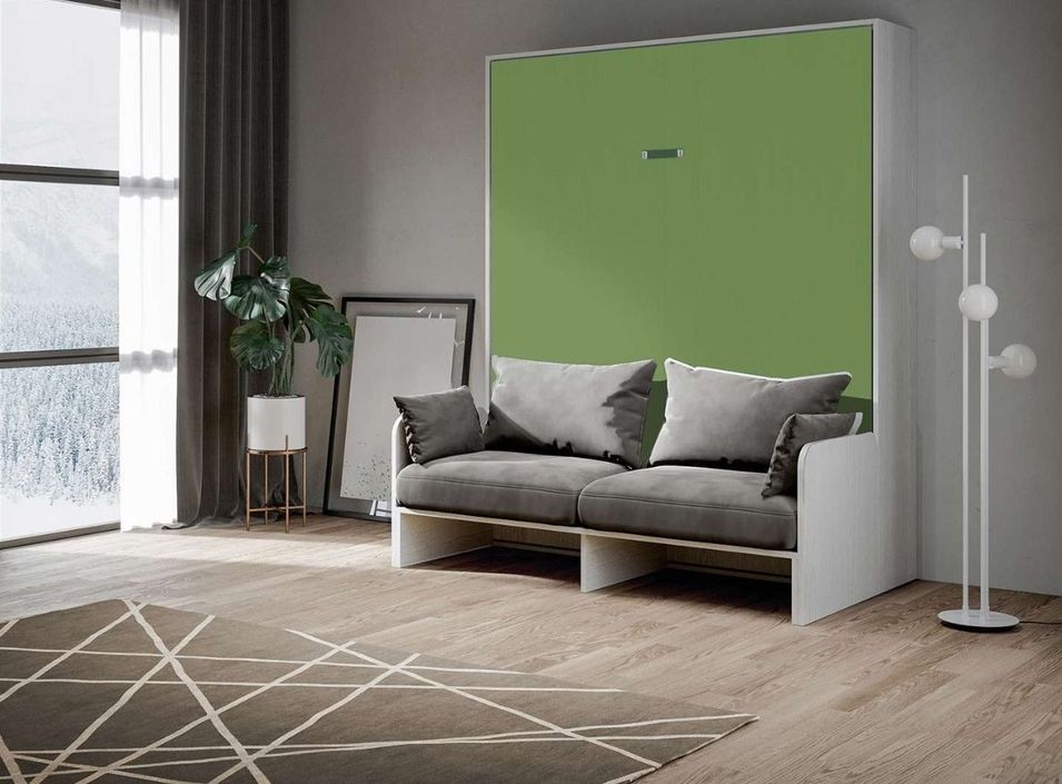 Armoire lit 160x200 cm escamotable verticale avec canapé frêne blanc et porte verte Kanto - Photo n°3