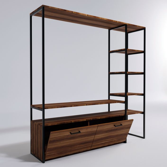 Armoire meuble TV avec étagères bois marron et métal noir Kasper 180 cm - Photo n°2