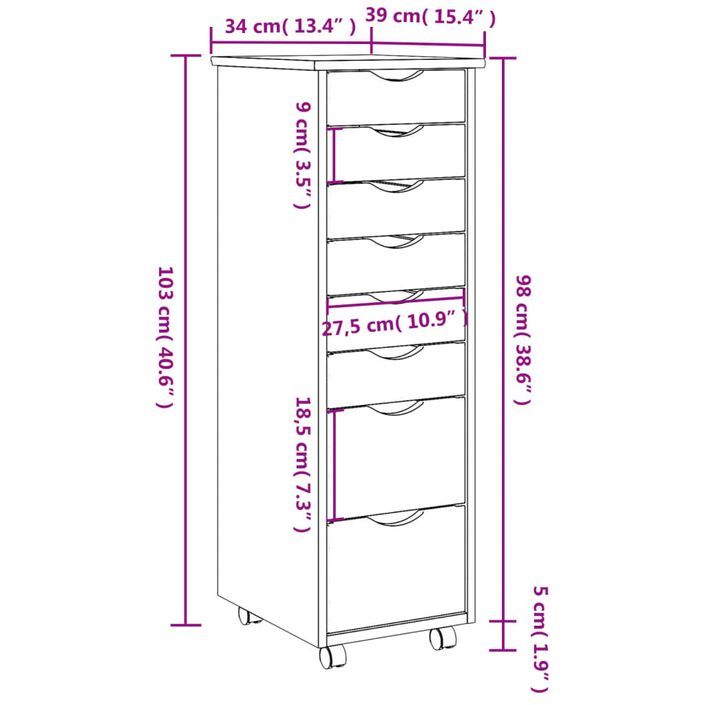 Armoire roulante avec tiroirs MOSS blanc bois de pin solide - Photo n°9