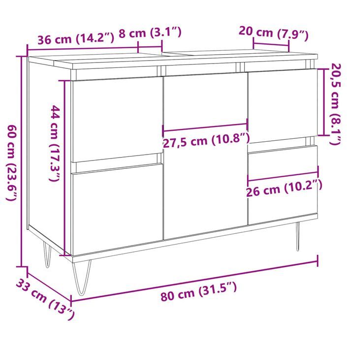 Armoire salle de bain gris béton 80x33x60cm bois d'ingénierie - Photo n°11