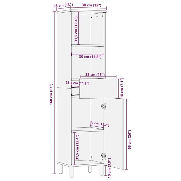 Armoire salle de bain marron 38x33x160 cm bois massif manguier - Photo n°10