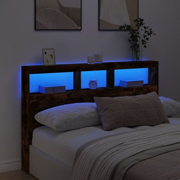 Armoire tête de lit avec LED chêne fumé 160x17x102 cm - Photo n°4