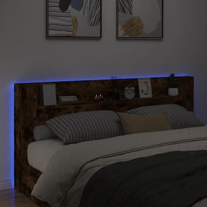 Armoire tête de lit avec LED chêne fumé 220x16,5x103,5 cm - Photo n°4