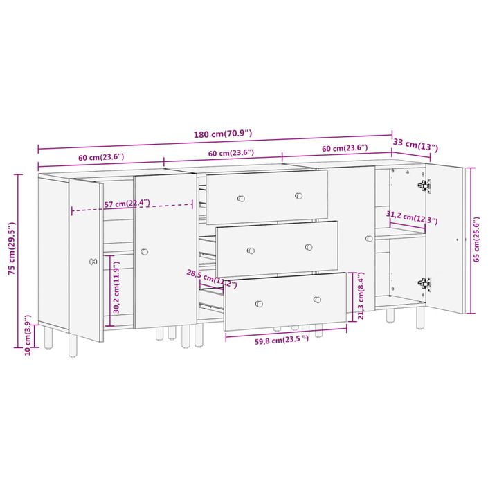 Armoires latérales 3pcs noir 60x33x75cm bois massif de manguier - Photo n°12