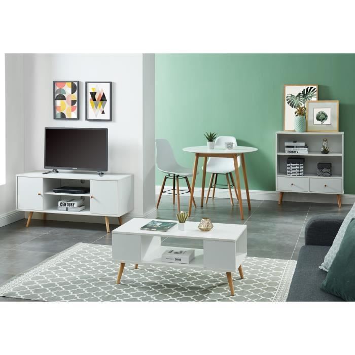 BABETTE Meuble TV scandinave décor blanc + pieds en bois eucalyptus - L 116 cm - Photo n°5