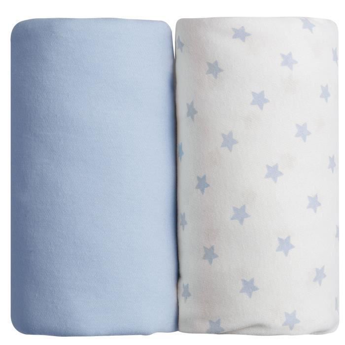 BABYCALIN Lot de 2 draps housse Jersey coton - Impression étoile bleu et bleu - 70 x 140 cm - Photo n°1