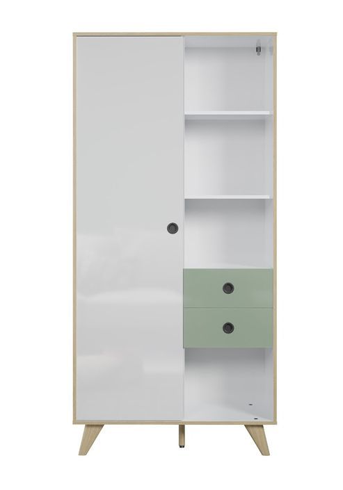 Bahut 1 porte 2 tiroirs 4 étagères bois blanc, vert et naturel Mélanie - Photo n°7
