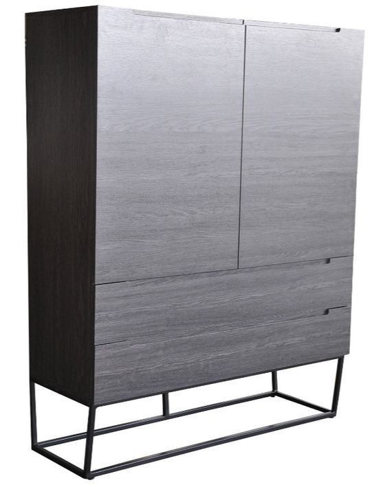 Bahut 2 portes 2 tiroirs bois laqué gris foncé et métal noir Logan - Photo n°1