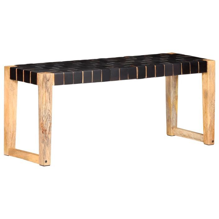 Banc 110 cm Noir Cuir véritable et bois de manguier massif - Photo n°10