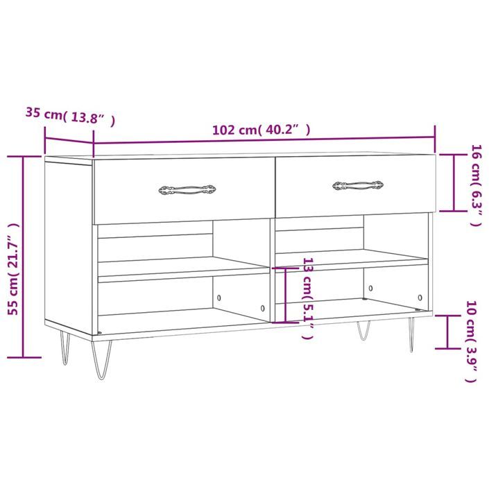 Banc à chaussures chêne sonoma 102x35x55 cm bois d'ingénierie - Photo n°12