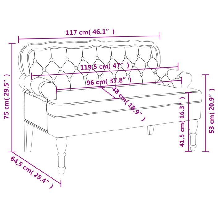 Banc avec dossier bleu 119,5x64,5x75 cm velours - Photo n°8