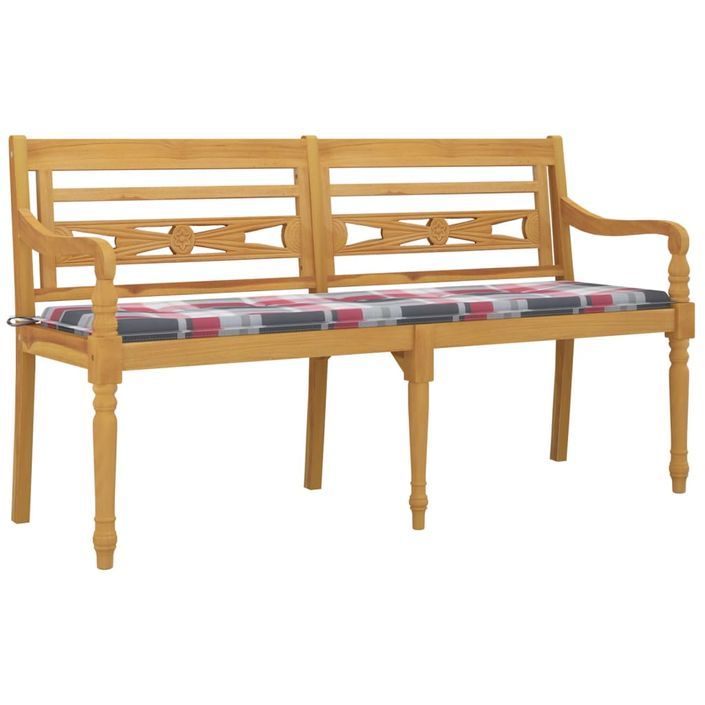 Banc Batavia coussin à motif de carreaux rouges 150cm Bois teck - Photo n°3