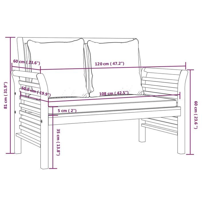 Banc canapé avec coussins Blanc crème Bois d'acacia solide - Photo n°8