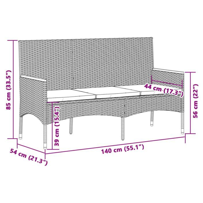 Banc de jardin 3 places avec coussins gris résine tressée - Photo n°8