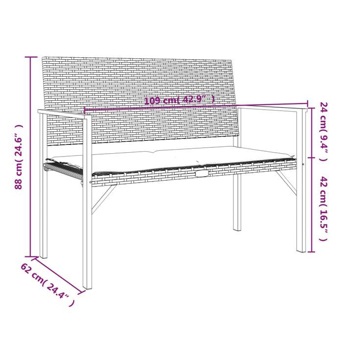 Banc de jardin à 2 places avec coussin gris résine tressée - Photo n°9