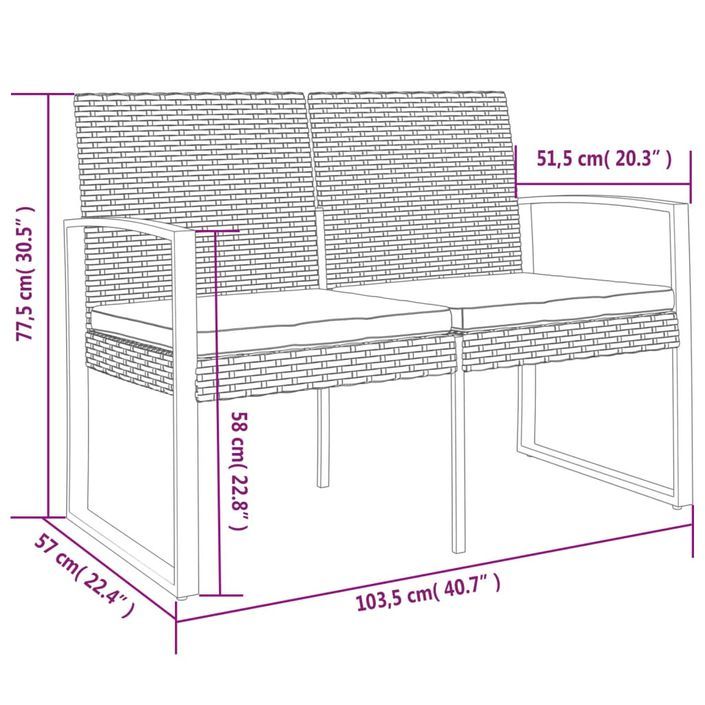 Banc de jardin à 2 places avec coussins marron PP rotin - Photo n°7