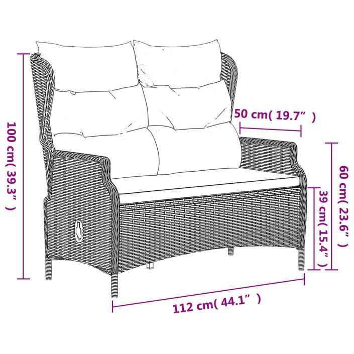 Banc de Jardin à 2 Places avec Coussins Noir Résine Tressée - Photo n°9