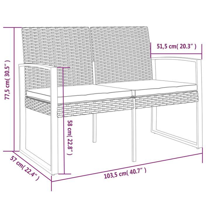 Banc de jardin à 2 places avec coussins noir rotin PP - Photo n°7