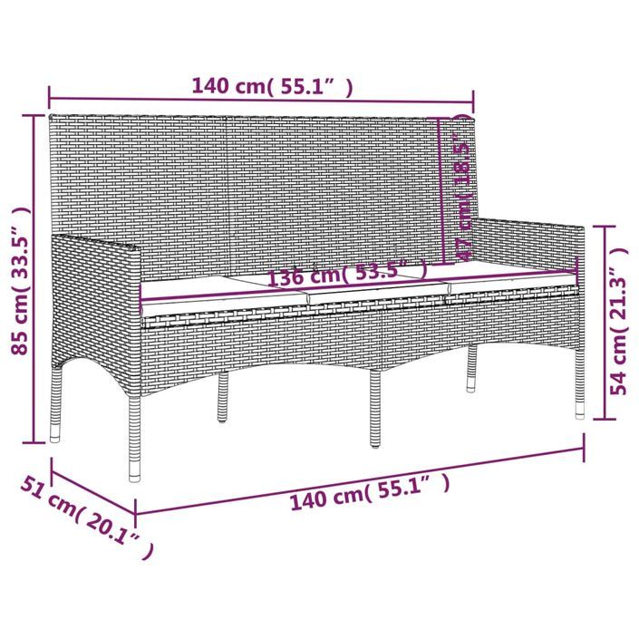 Banc de jardin à 3 places avec coussins Gris Résine tressée - Photo n°9