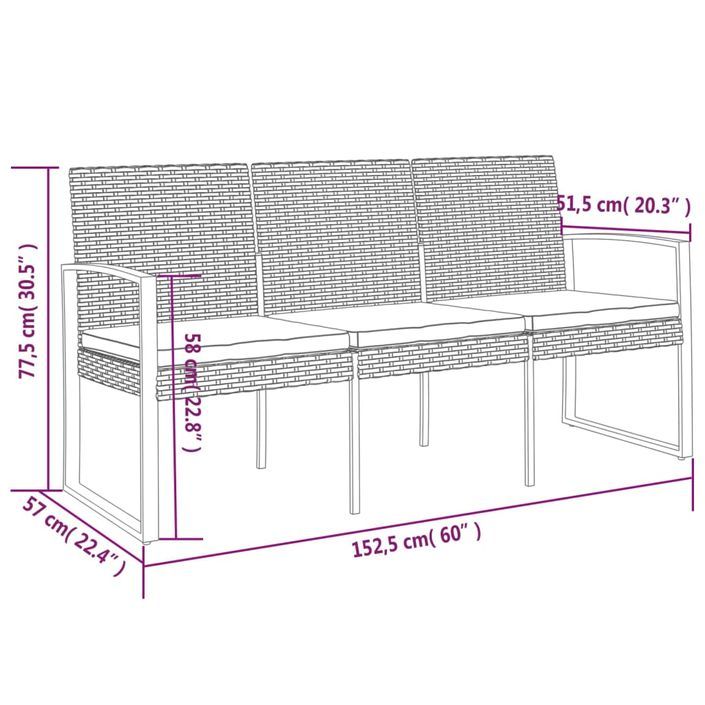 Banc de jardin à 3 places avec coussins marron PP rotin - Photo n°7