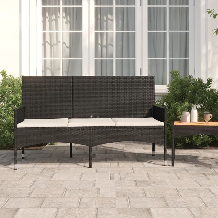 Banc de jardin à 3 places avec coussins Noir Résine tressée - Photo n°1